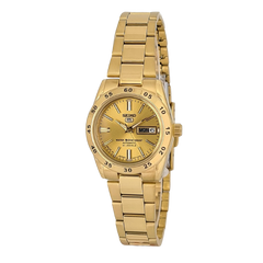 Seiko 5 , 21 Jewels Women's Automatic Watch Analog Gold Dial with Gold Stainless Steel Band, SYMG44J