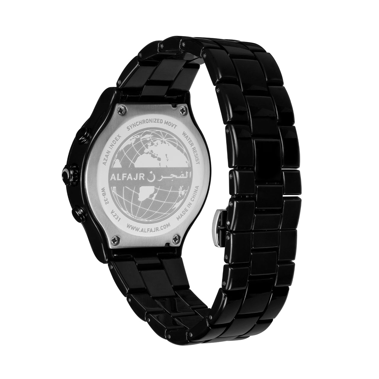 Alfajr Islamic Prayer Womens Watch Analog Black Dial With Black Stainless Steel Band, WA-32BLACKSHINING