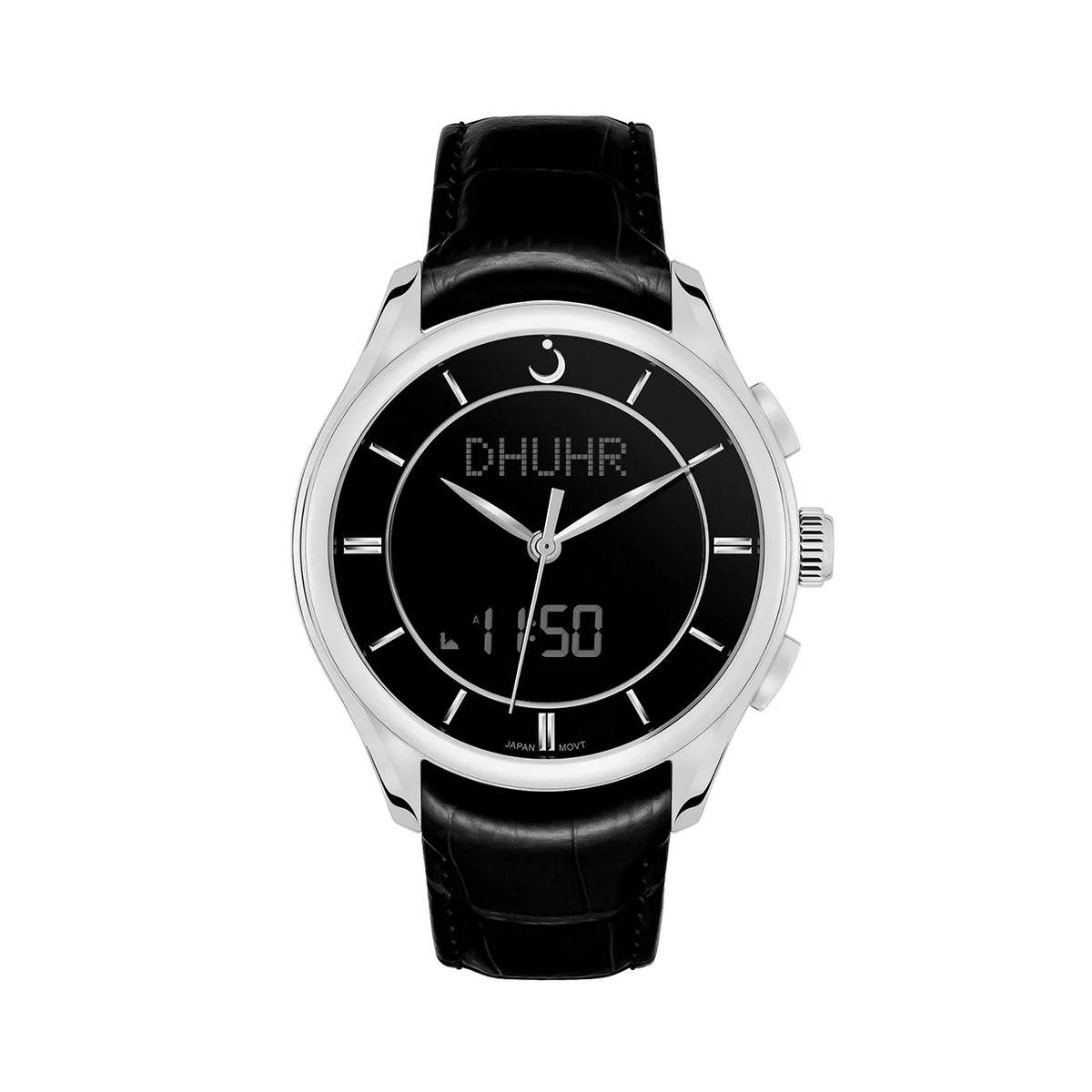 Alfajr Islamic Prayer Mens Watch Ana-Digital Black Dial With Black Leather Strap, WW-22LS