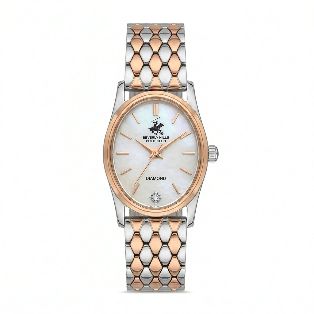 Beverly Hills Polo Club Women's Diamond Accent Analog Watch with White Mother of Pearl Dial and Silver and rose-gold-111 Stainless Steel Band, BP3926X.520