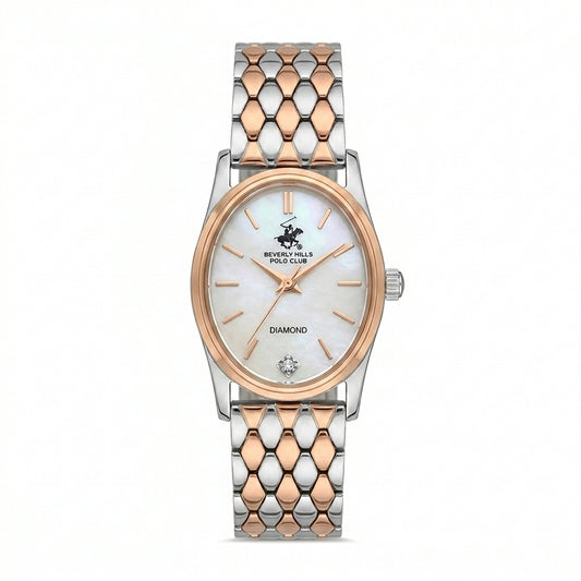 Beverly Hills Polo Club Women's Diamond Accent Analog Watch with White Mother of Pearl Dial and Silver and rose-gold-111 Stainless Steel Band, BP3926X.520