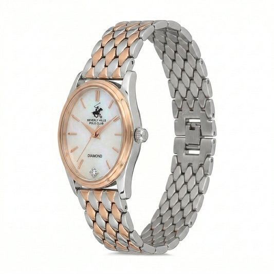 Beverly Hills Polo Club Women's Diamond Accent Analog Watch with White Mother of Pearl Dial and Silver and rose-gold-111 Stainless Steel Band, BP3926X.520