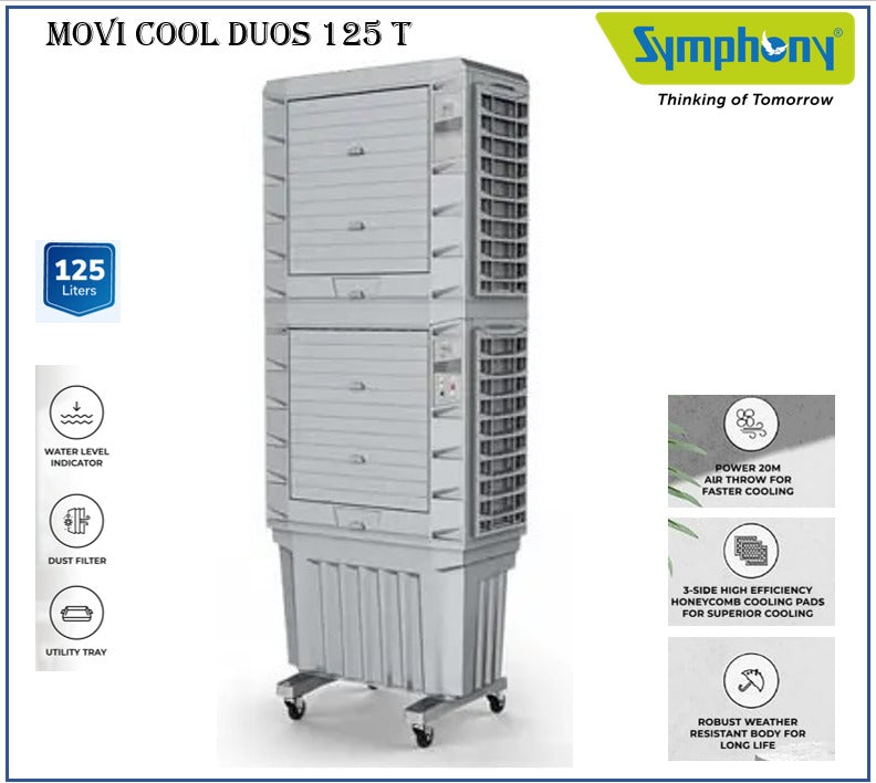 Symphony 125 L Air Cooler with Dual 20 Inch Fans, 250W, MOVICOOLDUOS125T