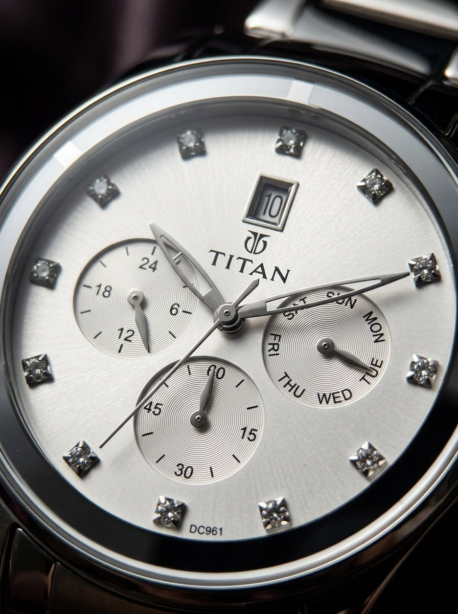 Titan Purple Women's Watch Analog White Dial with Silver Stainless Steel Band, 9967SM01