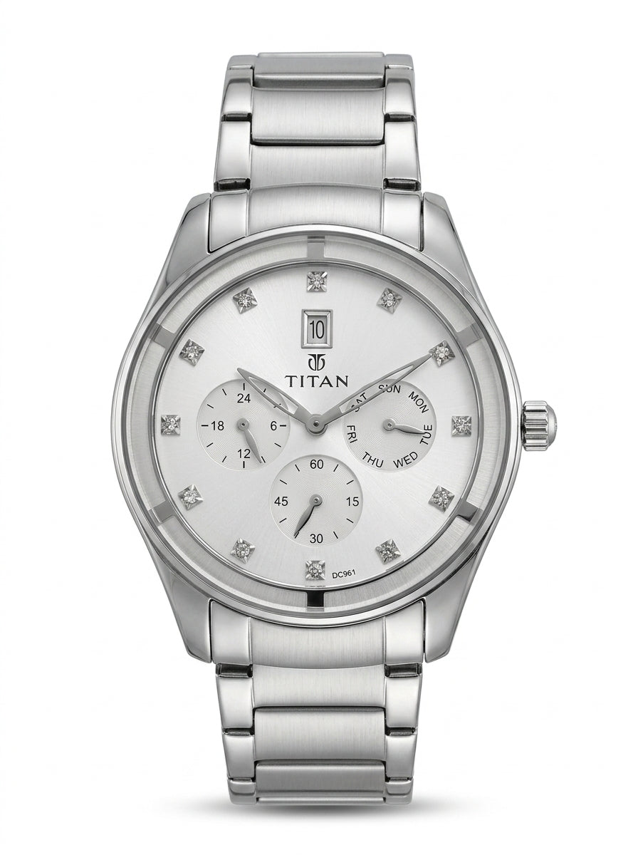 Titan Purple Women's Watch Analog White Dial with Silver Stainless Steel Band, 9967SM01