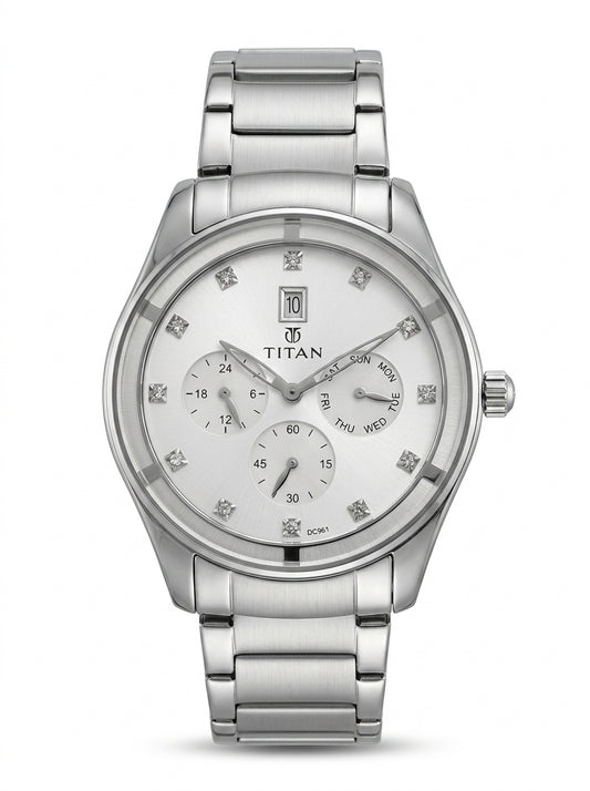 Titan Purple Women's Watch Analog White Dial with Silver Stainless Steel Band, 9967SM01