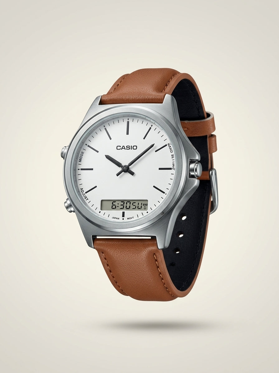 Casio, Men's Watch Analog-Digital, White Dial Brown Leather Band, MTP-VC01L-7EUDF product image