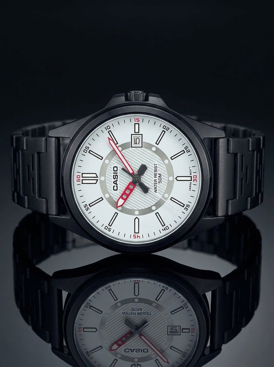 Casio, Men's Analog Watch, White Dial Black Stainless Steel Band, MTP-E700B-7EVDF product image
