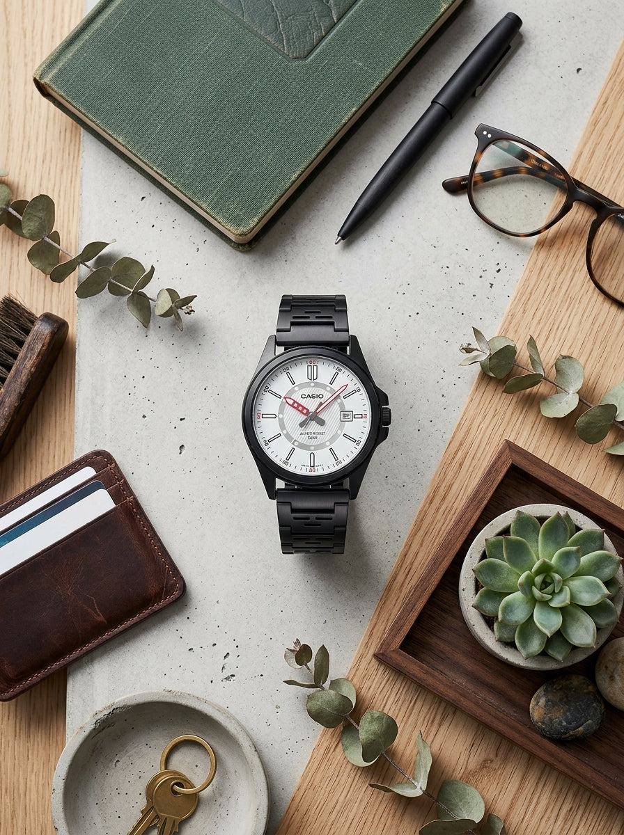 Casio, Men's Analog Watch, White Dial Black Stainless Steel Band, MTP-E700B-7EVDF product image