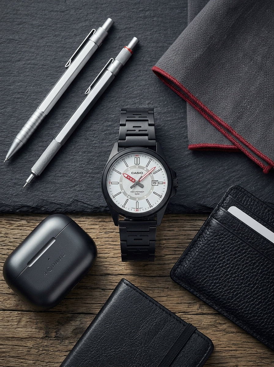 Casio, Men's Analog Watch, White Dial Black Stainless Steel Band, MTP-E700B-7EVDF product image