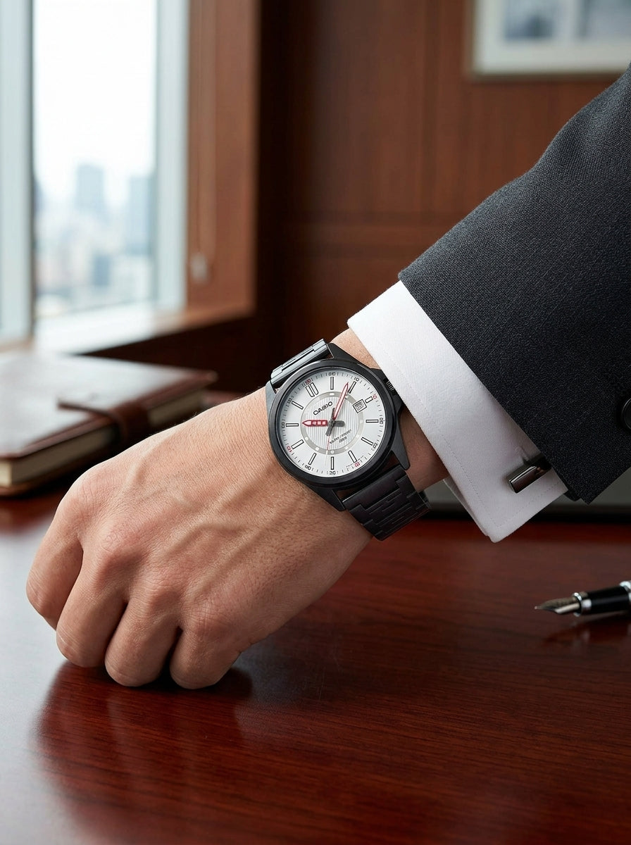 Casio, Men's Analog Watch, White Dial Black Stainless Steel Band, MTP-E700B-7EVDF product image