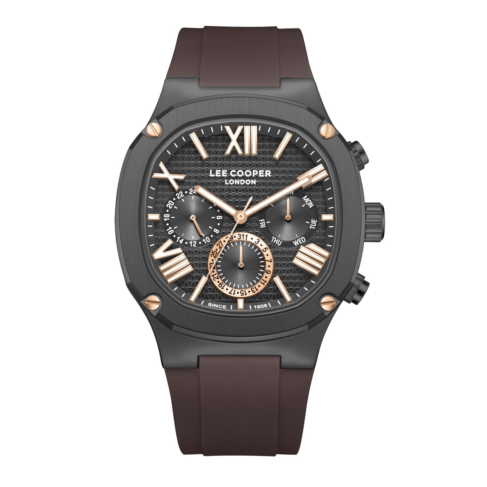 Lee Cooper Men's Watch Analog Black Dial with Brown Silicone Strap, LC08150.062