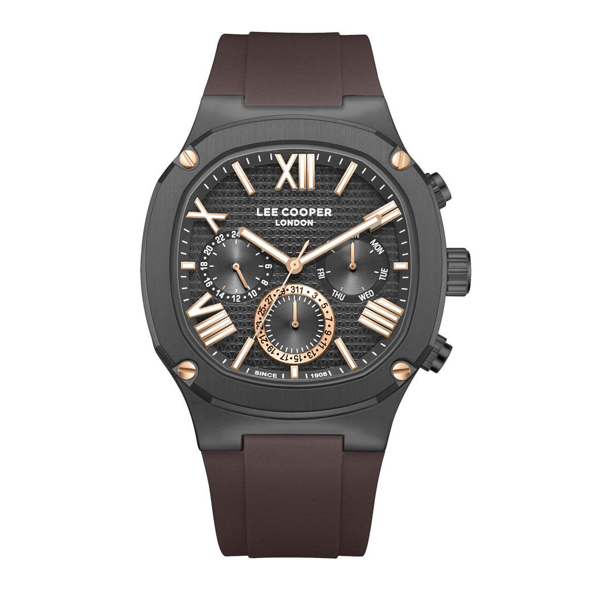 Lee Cooper Men's Watch Analog Black Dial with Brown Silicone Strap, LC08150.062