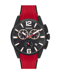 Quantum Men's Chronograph Watch Analog Black Dial with Red Silicone Band, PWG1076.658