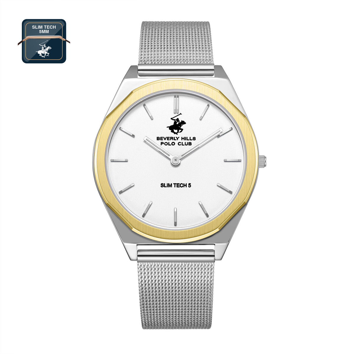 Beverly Hills Polo Club Slim Tech 5 Men's Watch Analog White Dial with Silver Mesh Band, BP3710X.230