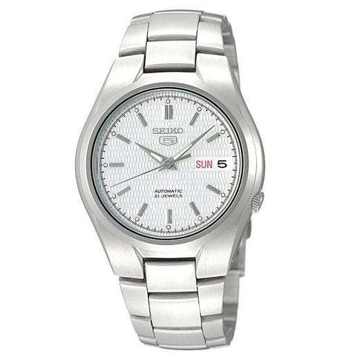 Seiko 21 Jewels Men's Automatic Watch Analog White Dial with Silver Stainless Steel Band, SNK601K