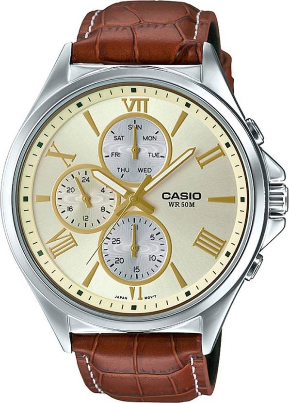 Casio, Men's Watch Analog, Gold Dial Brown Leather Band, MTP-E316L-9AVDF