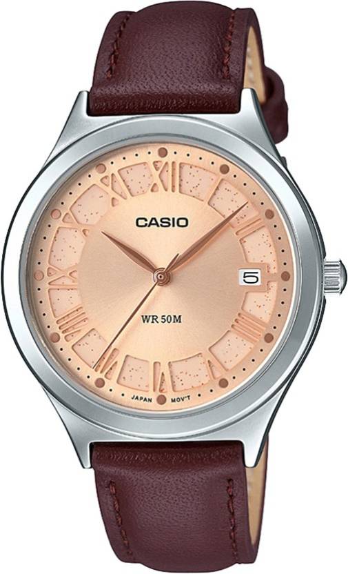 Casio, Womenâ€™s Watch Fashion Collection Analog, Rose Gold Dial Brown Leather Band, LTP-E141L-5AVDF