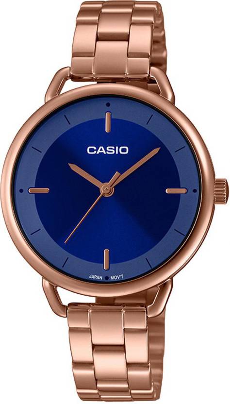 Casio, Womenâ€™s Watch Analog, Blue Dial Rose Gold Stainless Steel Band, LTP-E413PG-2ADF