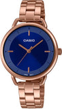 Casio, Womenâ€™s Watch Analog, Blue Dial Rose Gold Stainless Steel Band, LTP-E413PG-2ADF