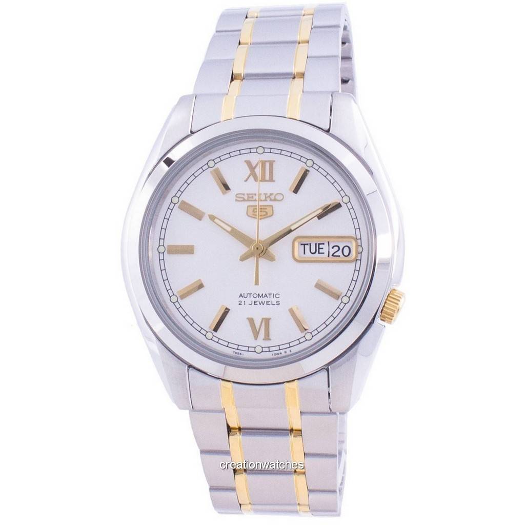Seiko Men's Mechanical Watch Analog, White Dial with Two Tone Stainless Band, SNKL57K