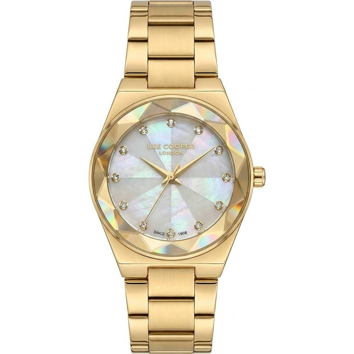 Lee Cooper Women's Analog Watch with White Mother Of Pearl Dial and Gold Stainless Steel Band, LC08378.130