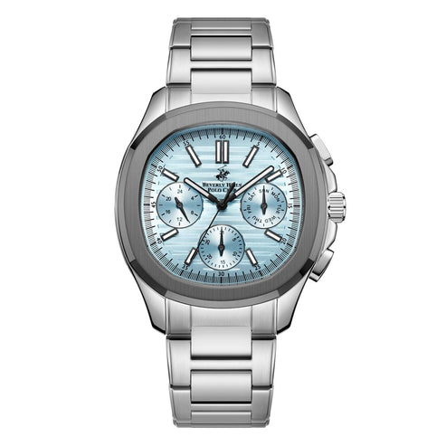 Beverly Hills Polo Club Men's Analog Watch, Blue Dial Multi-Function With Silver Stainless Steel Band, BP3212X.301