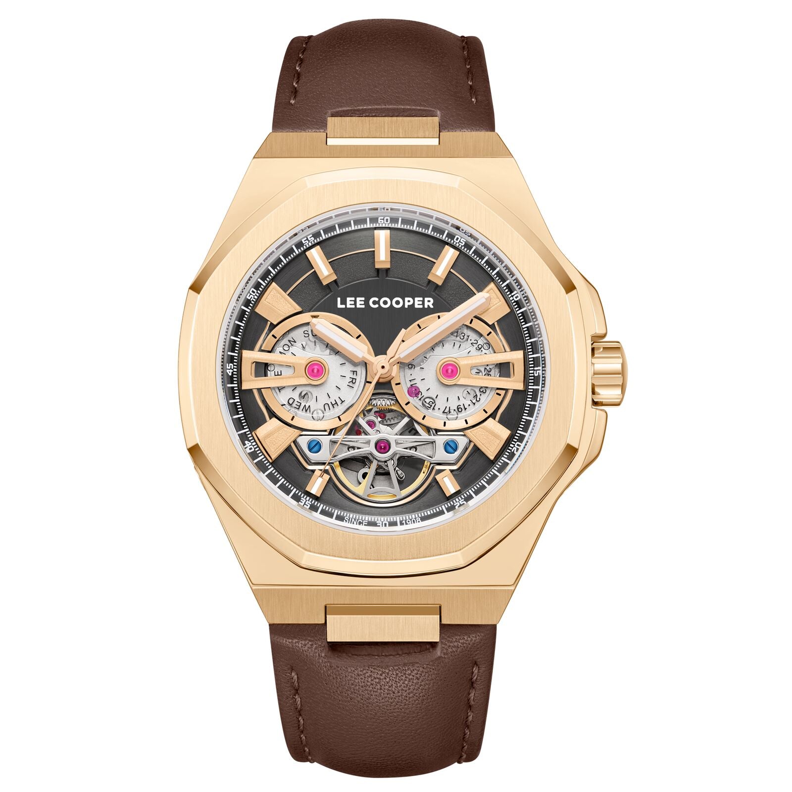 Lee Cooper Men's Automatic Watch Analog Black Dial with Brown Leather Strap, LC08125.462