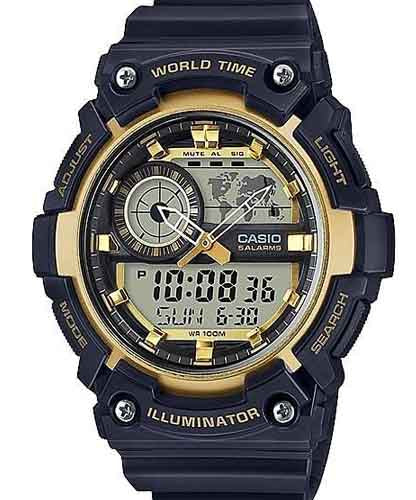 Casio, Men’s Watch Analog-Digital, Gold & Black Dial Black Resin Band, AEQ-200W-9AVDF