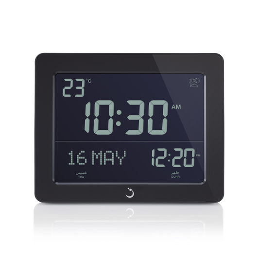 Alfajr Digital Desk Islamic Prayer Clock Black With Multiple Azan Sound And Prayer Times, CF-19B authentic Alfajr CF-19B Islamic prayer product in Bahrain