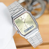 Casio Vintage Unisex Watch Analog-Digital Green Dial with Silver Stainless Steel Band, AQ-230A-9AMQYDF