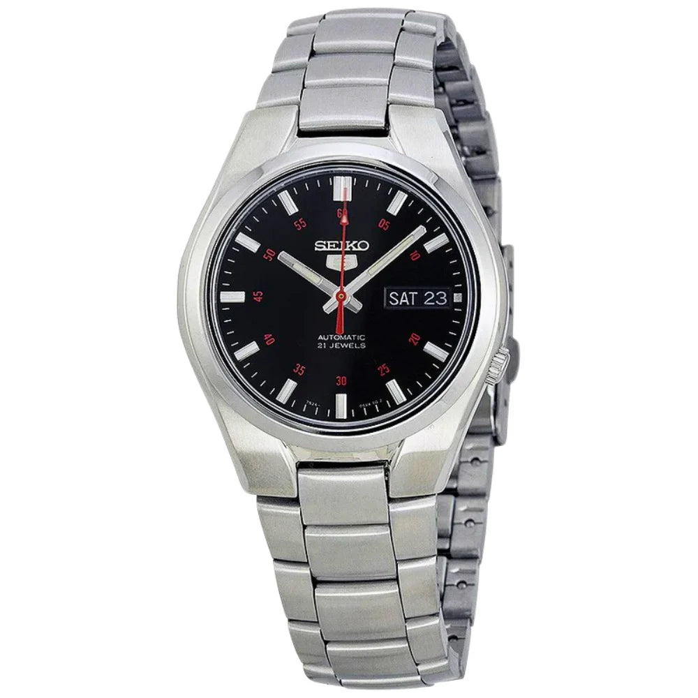 Seiko 21 Jewels Men's Automatic Watch Analog Black Dial with Silver Stainless Steel Band, SNK617K