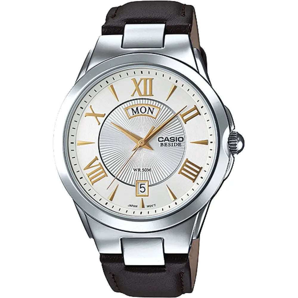 Casio, Men's Watch Beside Collection Analog, Silver Dial Brown Leather Band, , BEM-130L-7AVDF product image