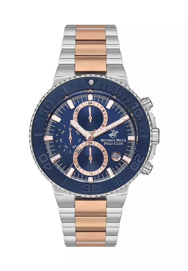 Beverly Hills Polo Club Men's Watch, Analog, Blue Dial, Silver and Rose Gold Stainless Steel Strap, BP3540X.590