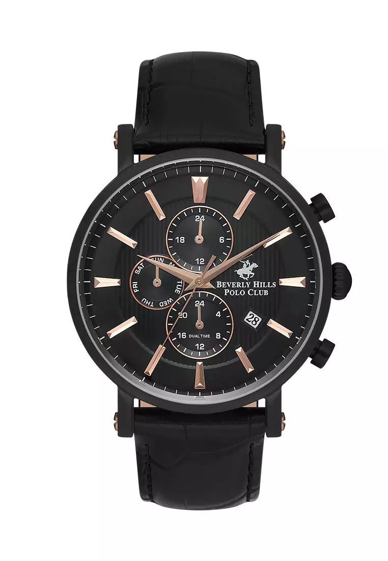 Beverly Hills Polo Club Men's Watch, Analog, Black Dial, Black Leather Strap, BP3548X.651