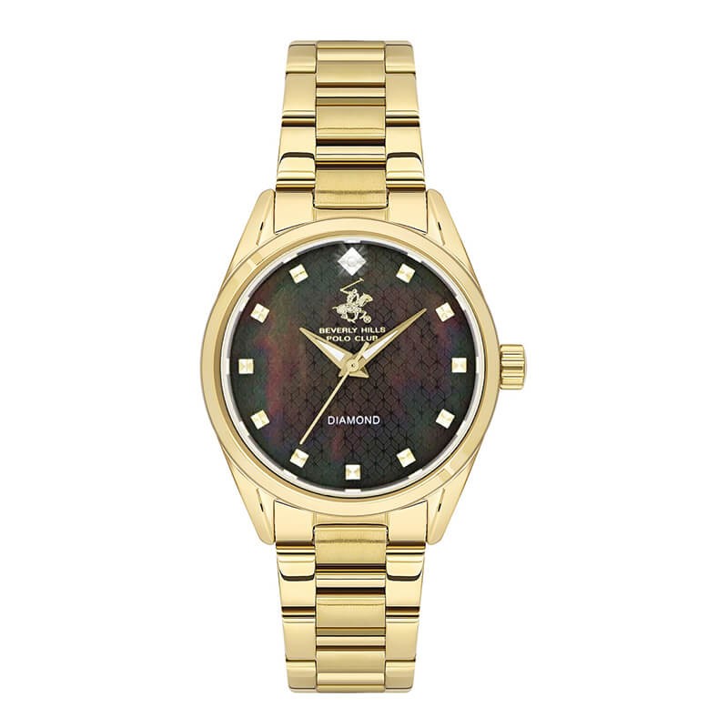 Beverly Hills Polo Club Women's Analog Watch, Black Mother Of Pearl Dial With Golden Stainless Steel Band, BP3601C.150