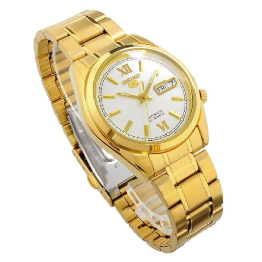 Seiko Men's Mechanical Watch Analog, White Dial with Gold Stainless Band, SNKL58K