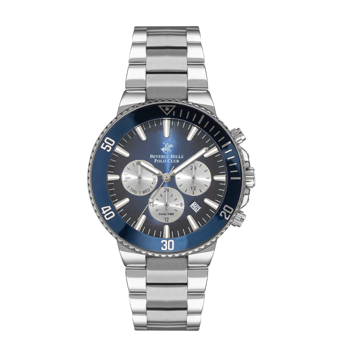 Beverly Hills Polo Club  Men's Watch, Fernando Dual Time, Silver Stainless Steel Strap, Dark Blue Dial BP3247X.390
