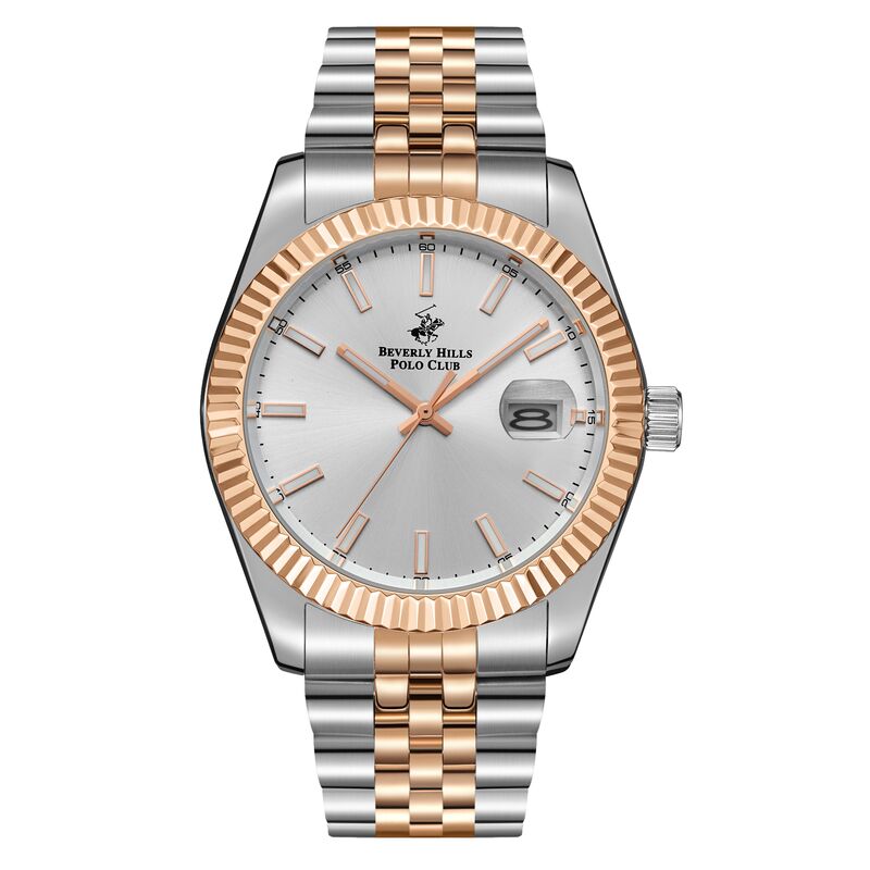 Beverly Hills Polo Club Men's Watch Analog Silver Dial with Silver/Rose Gold Stainless Steel Band, BP3018X.530