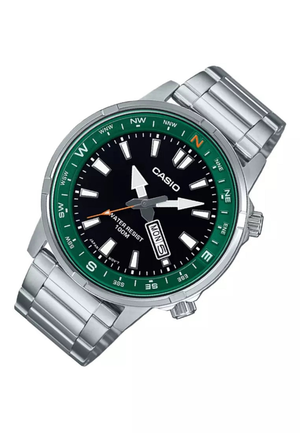 Casio Men's Watch Analog Green Dial With Silver Stainless Steel Band, MTD-130D-1A3VDF
