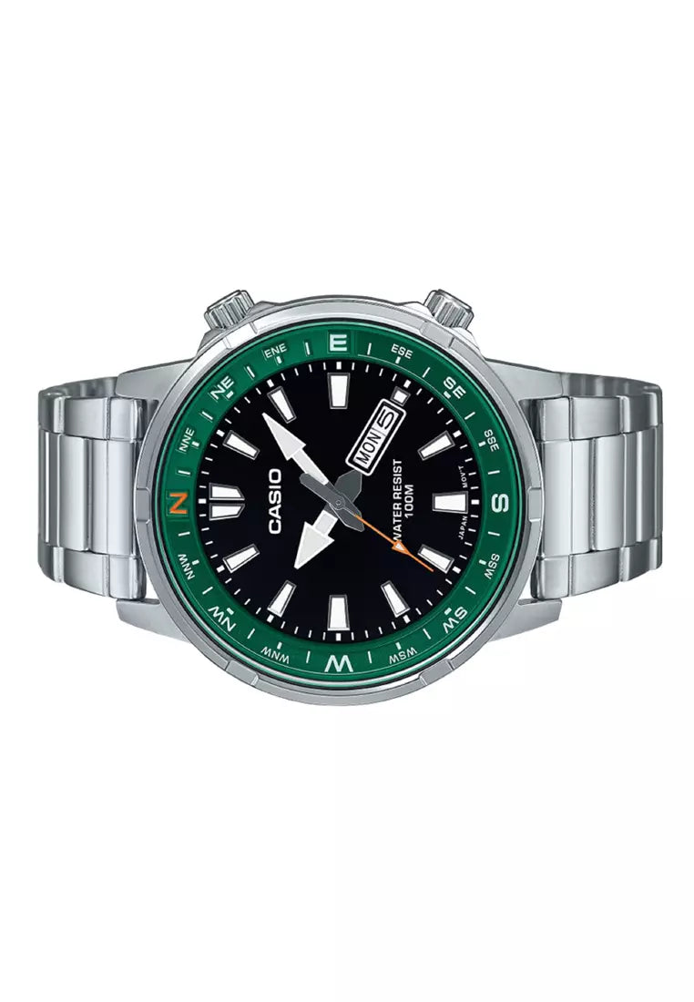 Casio Men's Watch Analog Green Dial With Silver Stainless Steel Band, MTD-130D-1A3VDF