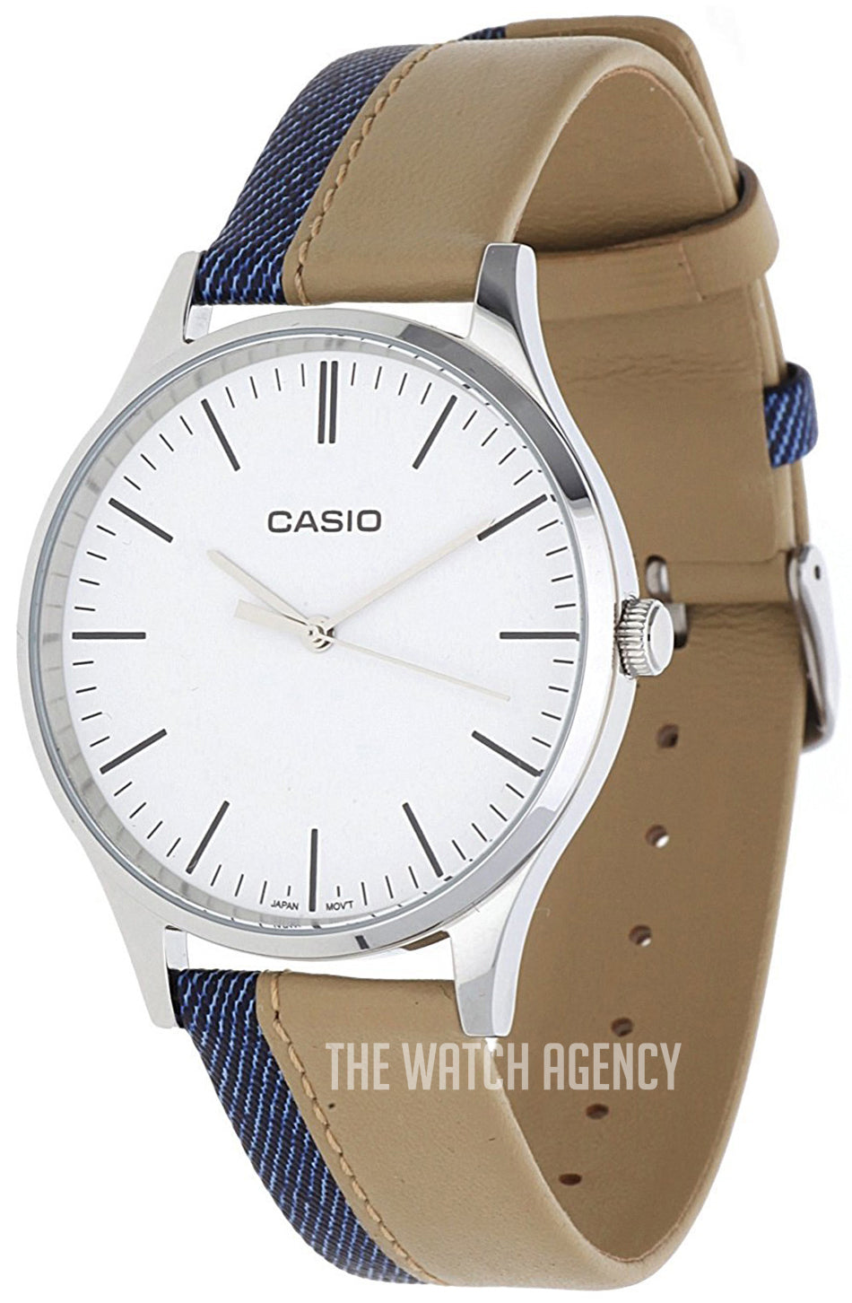 Casio, Unisex Watch Analog, White Dial Blue & Beige Leather Band, MTP-E133L-7EDF