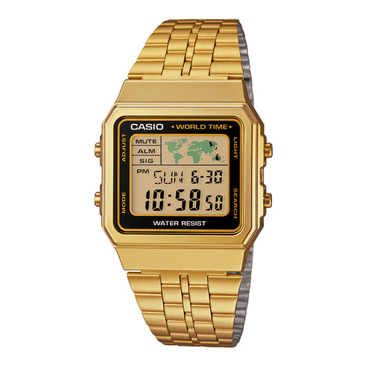 Casio Men's Watch Vintage Collection Digital, Black Dial Gold Stainless Steel Strap, A500WGA-1DF