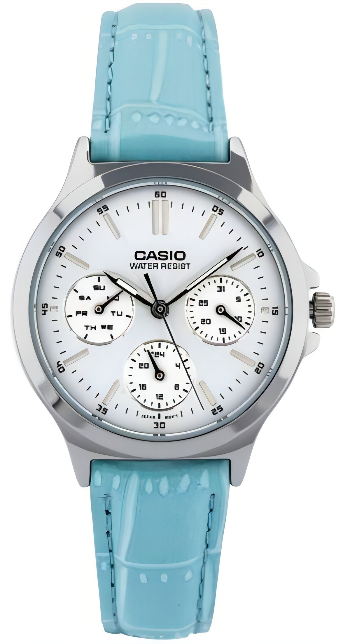 Casio, Womenâ€™s Watch Analog, Silver Dial Blue Leather Band, LTP-V300L-2AUDF