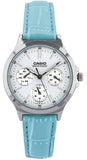 Casio, Womenâ€™s Watch Analog, Silver Dial Blue Leather Band, LTP-V300L-2AUDF