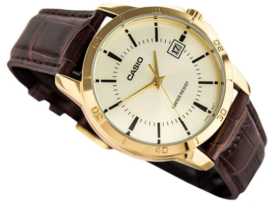 Casio Men's Watch Analog, Champagne Dial Brown Leather Strap, MTP-V004GL-9AUDF