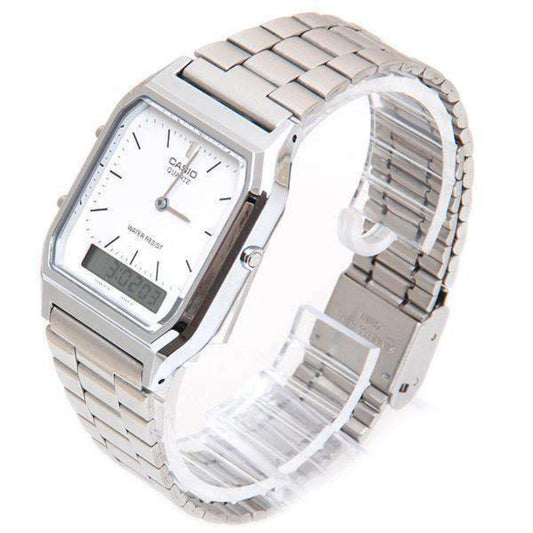 Casio Vintage Unisex Watch Analog-Digital White Dial With Silver Stainless Steel Band, AQ-230A-7DMQD