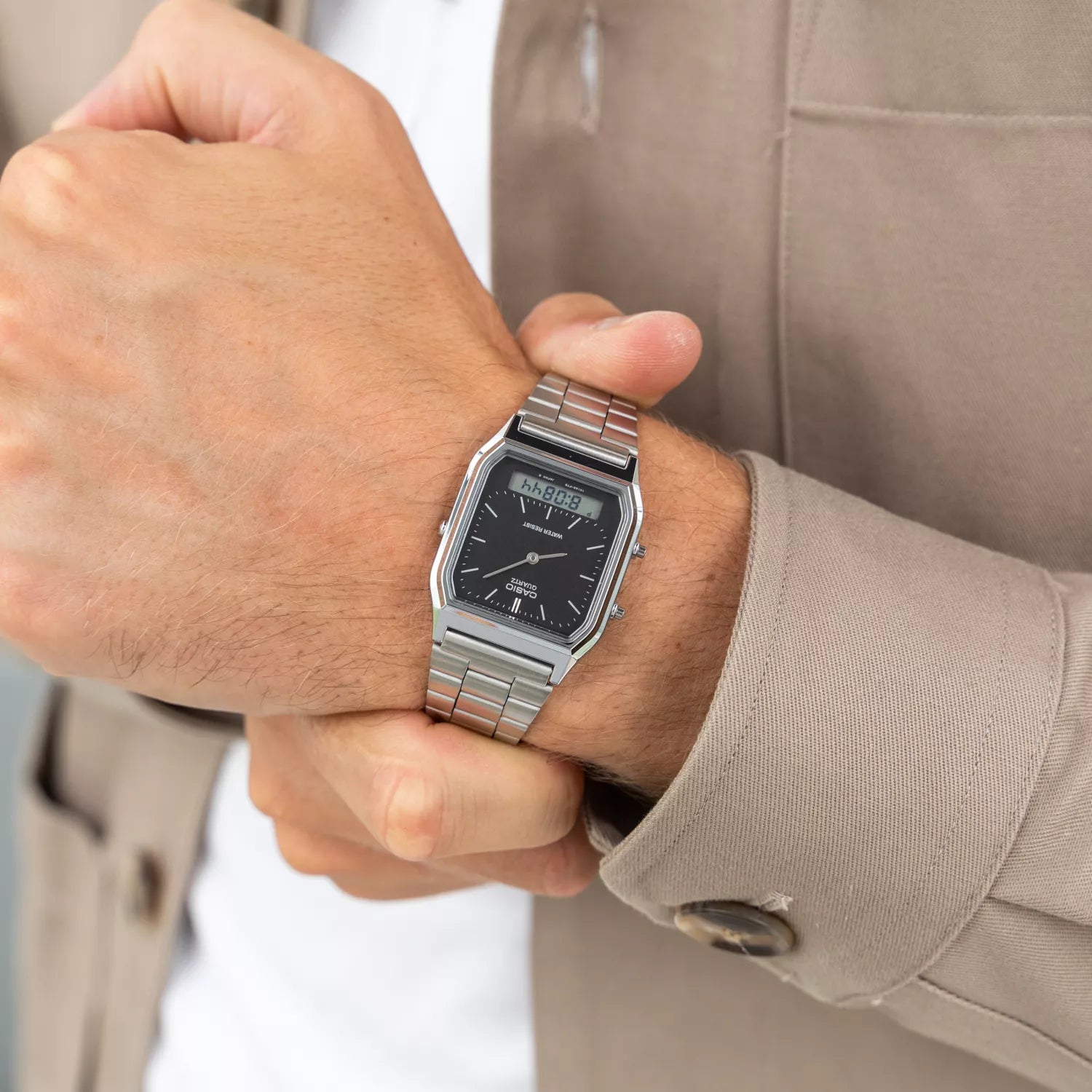 Casio Vintage Unisex Watch Analog-Digital Black Dial With Silver Stainless Steel Band, AQ-230A-1DMQD product image