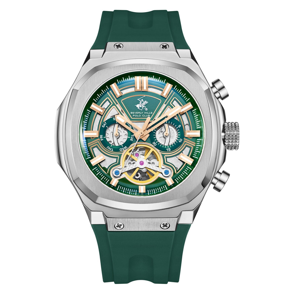 Beverly Hills Polo Club Men's Automatic Watch Analog Green Dial with Green Silicone Band, BP3750X.375