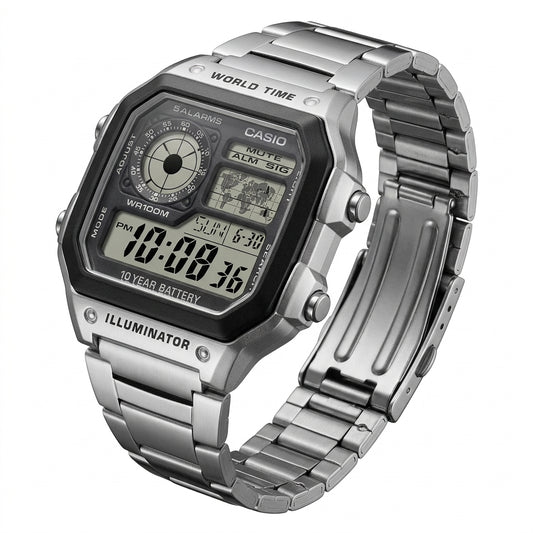 Casio Men's Watch Digital, Black Dial Silver Stainless Steel Strap, AE-1200WHD-1AVD